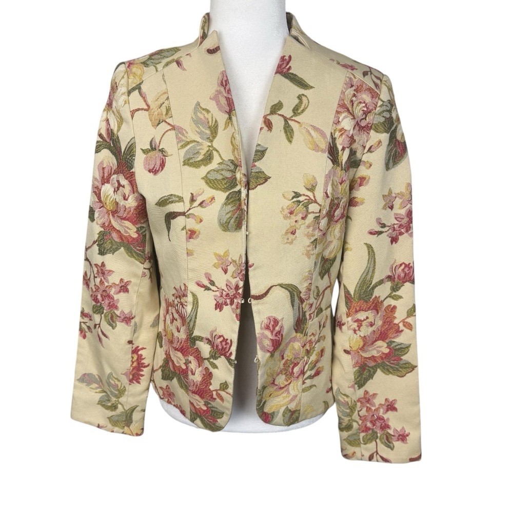 Vtg Josephine Womens Blazer Upholstery Floral Light Golden Tone Hook Front Sz 8